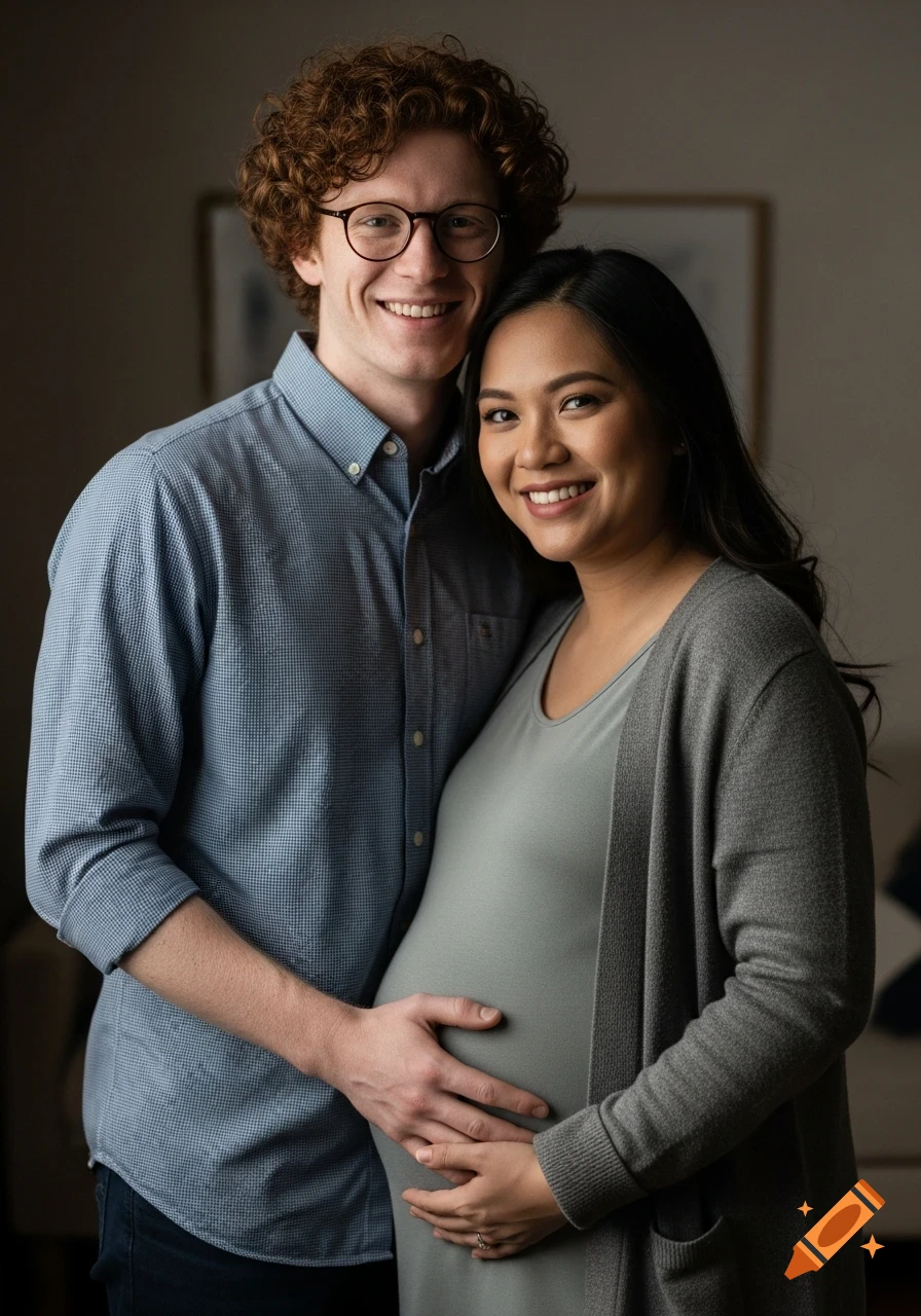 A smiling red-haired man with glasses stands behind his pregnant Filipina wife, both looking at the camera as he holds her belly.