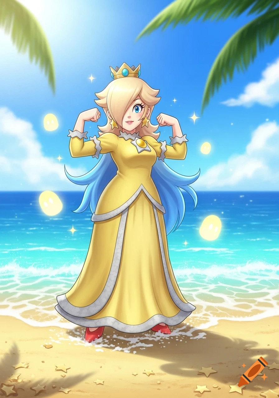 Rosalina, a blonde woman in a long yellow dress and crown, flexes her arms on a sunny beach, with palm leaves overhead and lumas floating around.