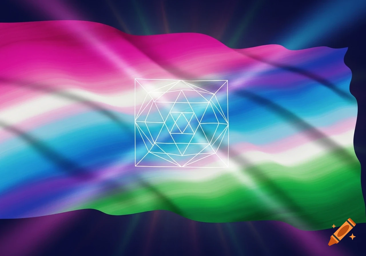 A waving flag with blurred horizontal stripes in shades of pink, white, blue, and green, centered with a white geometric outline symbol, against a dark background with light rays.