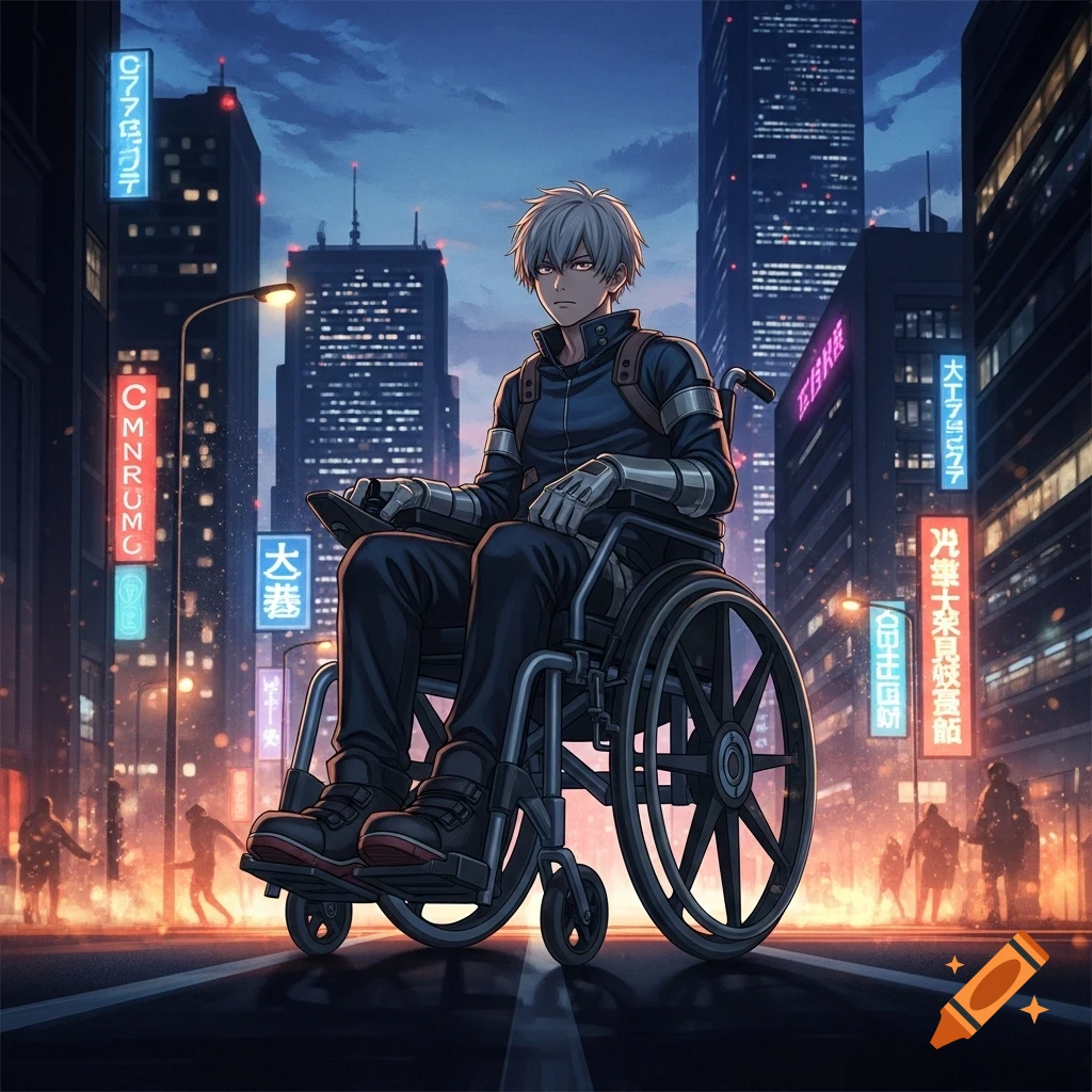 An anime character with white hair sits in a wheelchair on a city street at night, with neon signs and tall buildings in the background.
