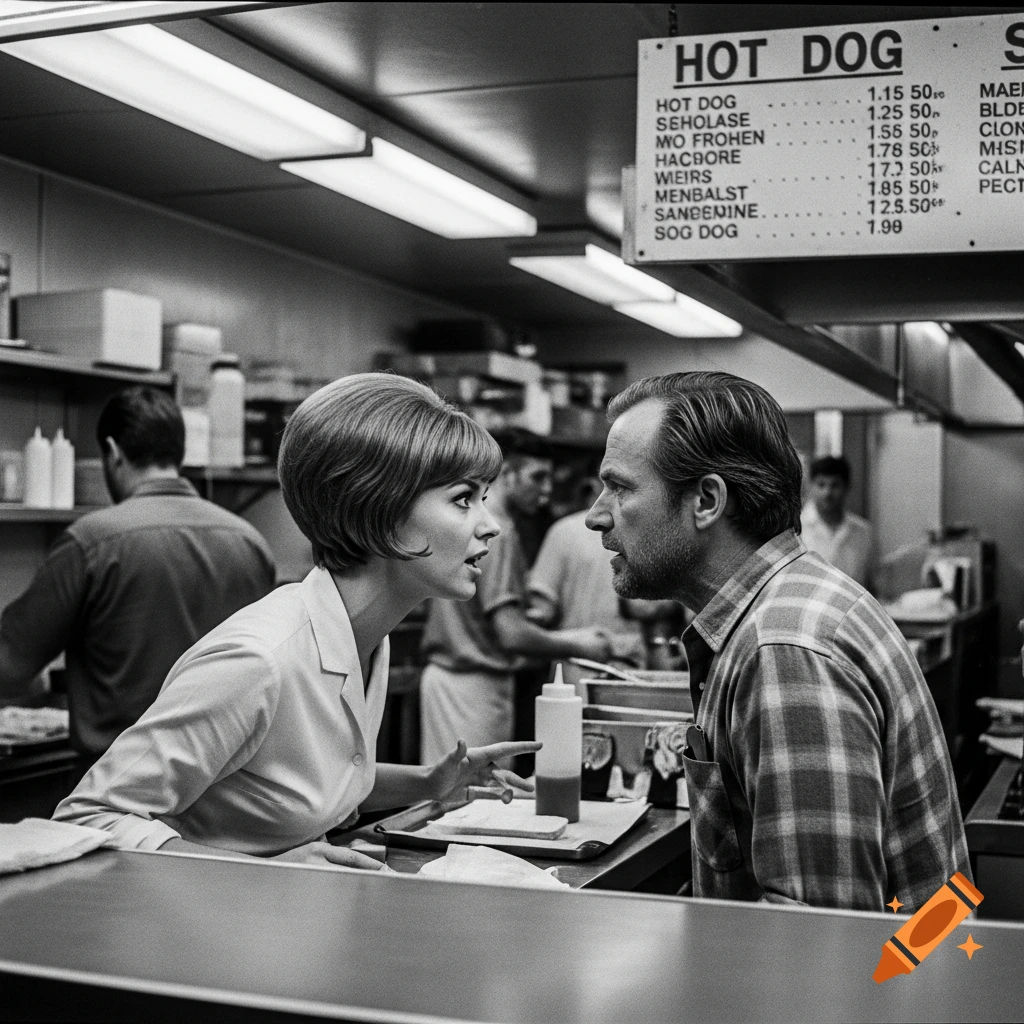 A man and woman intensely converse across a hot dog stand counter in a black and white documentary-style photo.