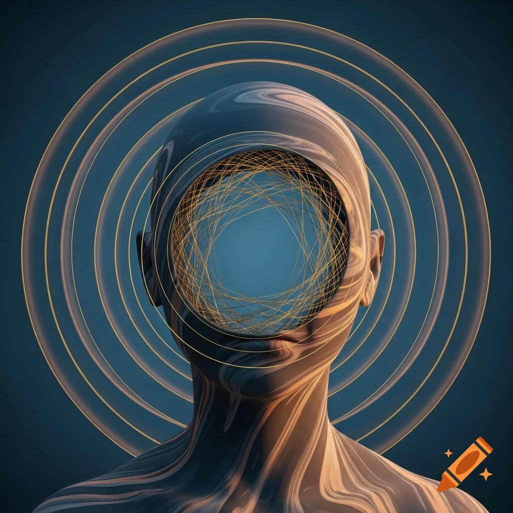 An abstract, artistic bust with a fluid, marbled texture, a hollow face filled with golden woven filaments, surrounded by translucent circles.