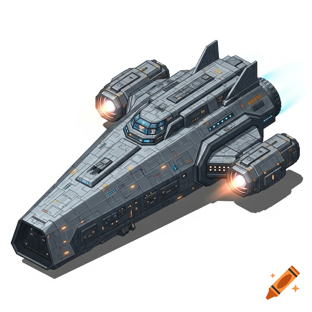 Isometric view of a gray sci-fi cargo freighter spaceship with glowing engines, cockpit, and panel lines on a white background.