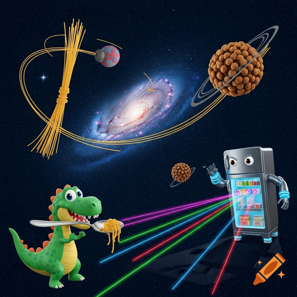 A cartoon dinosaur eats spaghetti as a refrigerator robot shoots lasers in space, with a galaxy and planets.