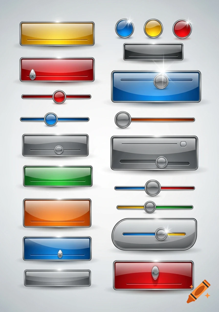 A collection of glossy, colorful user interface buttons, sliders, and controls resembling glass components on a light background.