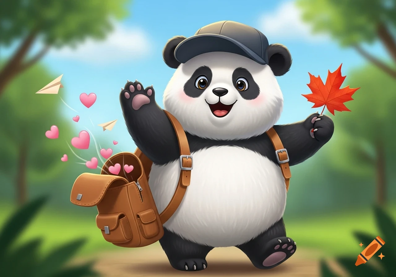 A cute, chubby cartoon panda wearing a cap and backpack waves, holding a red maple leaf, with hearts and paper airplanes flying from its bag.