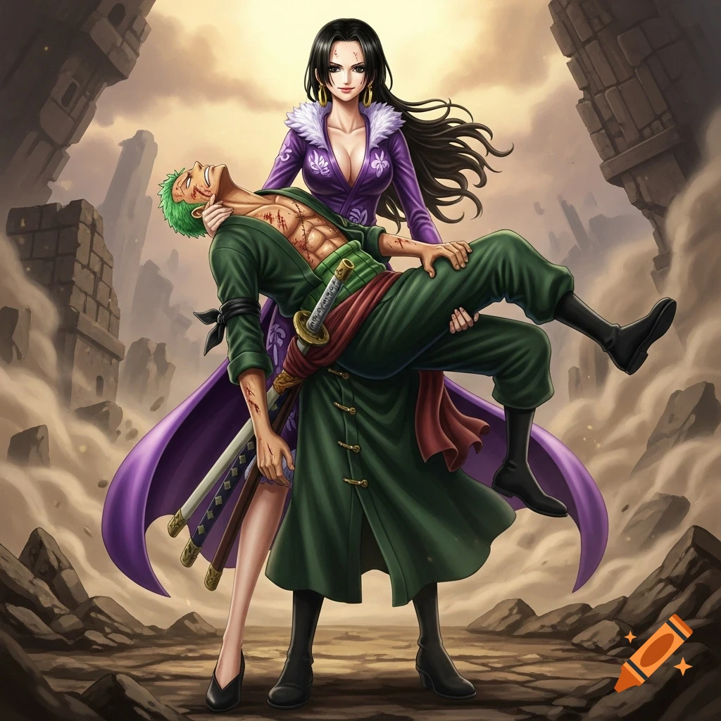 An anime woman with long black hair and a purple coat holds an injured green-haired man in her arms amidst ruins and dust.