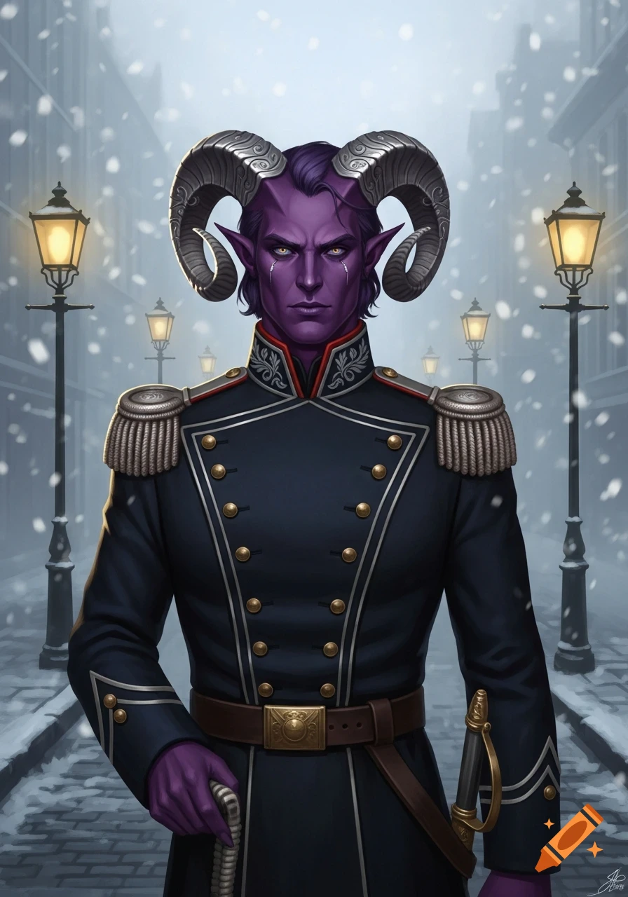 A purple-skinned male tiefling with large ram horns, dressed in a dark blue Victorian military uniform, stands on a snowy street lined with gas lamps.