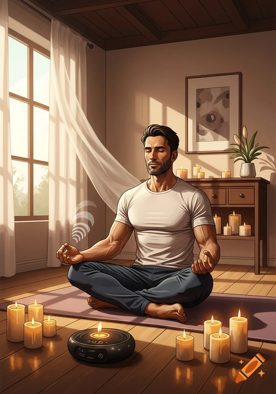 A man meditates on a mat surrounded by glowing candles and an incense burner in a sunlit room. Illustrative.
