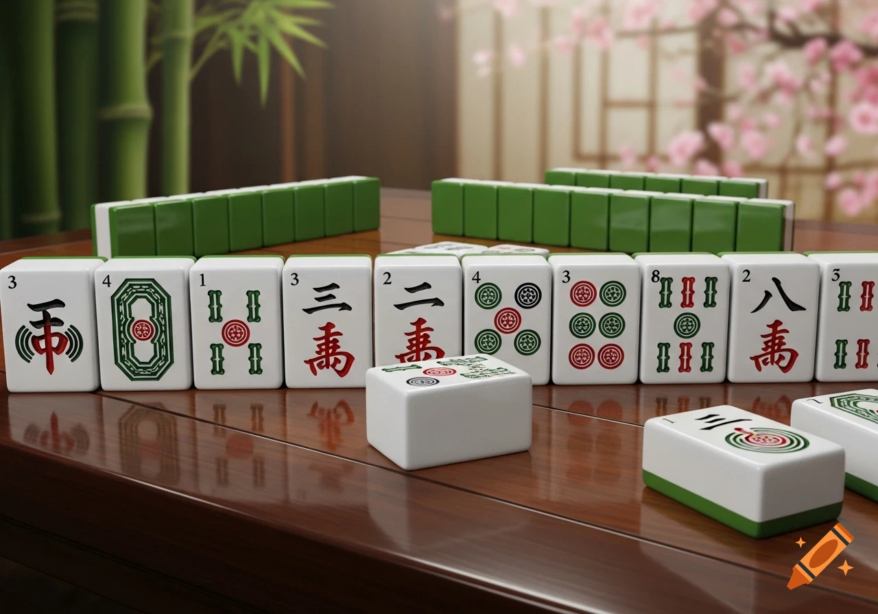 A close-up shot of white and green mahjong tiles laid out on a polished wooden table, with bamboo and cherry blossoms in the blurred background. Photorealistic style.