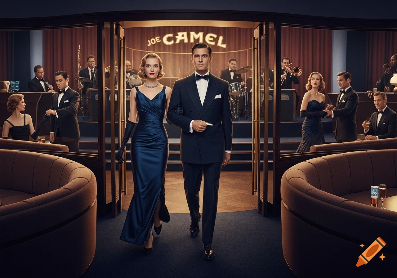 Photorealistic image of an elegant couple entering a jazz club, with a live band and a 'JOE CAMEL' sign in the background.