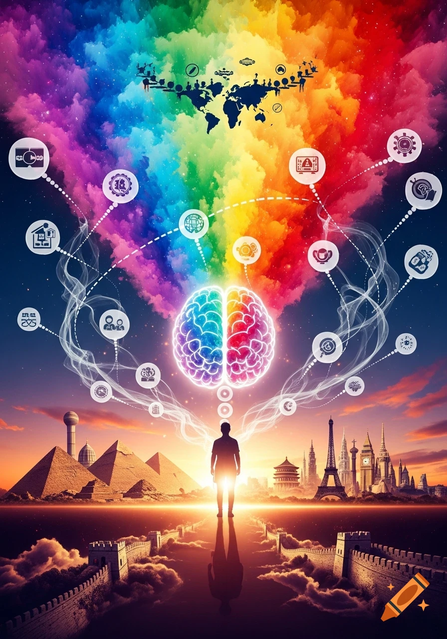 Silhouette person on Great Wall under rainbow sky with glowing brain, global landmarks, and network icons.