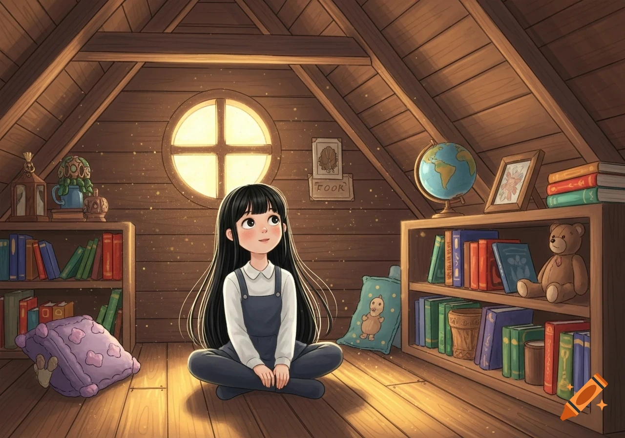 A girl with long black hair sits cross-legged in a sunlit attic filled with bookshelves, a globe, and magical dust.