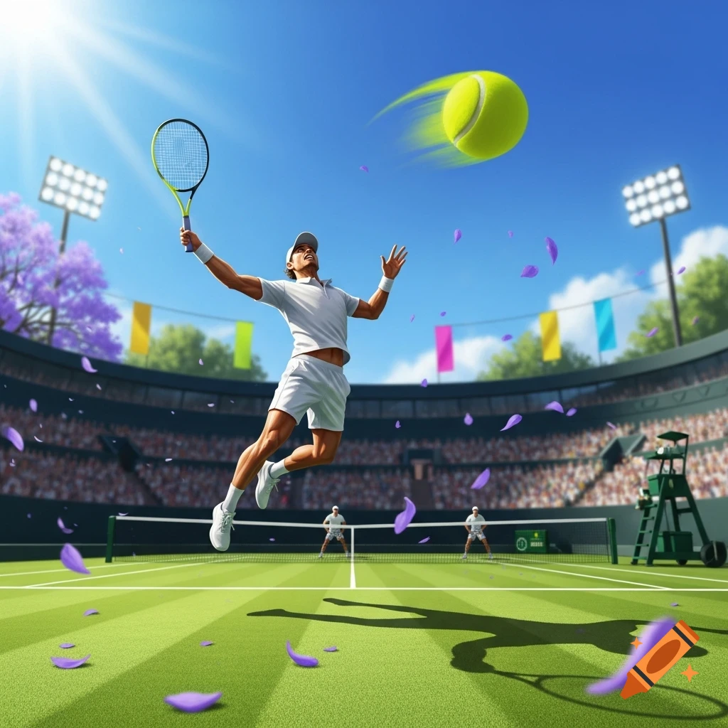 A tennis player leaps high in the air to hit a serve, with a stadium filled with spectators in the background, under a bright blue sky.