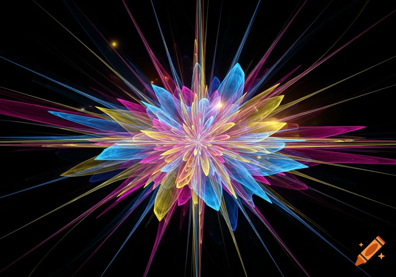 A vibrant, colorful abstract fractal pattern resembling a starburst or glowing flower on a black background.