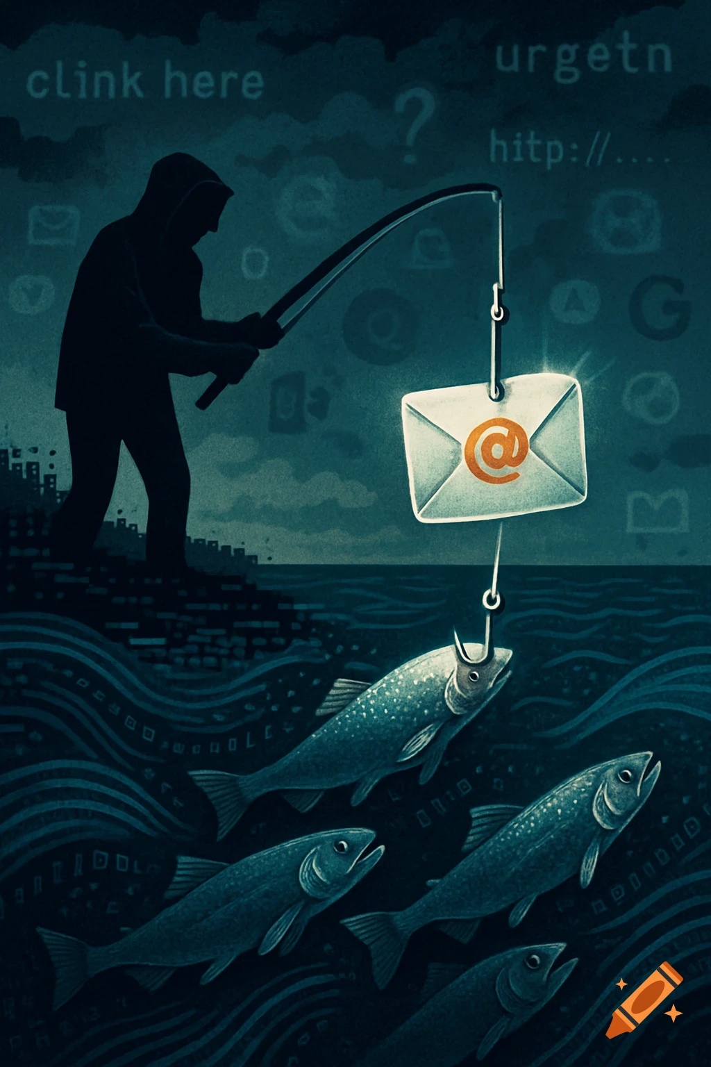 Dark illustration of a hooded silhouette fishing with an email icon as bait for fish in digital waves, representing phishing.