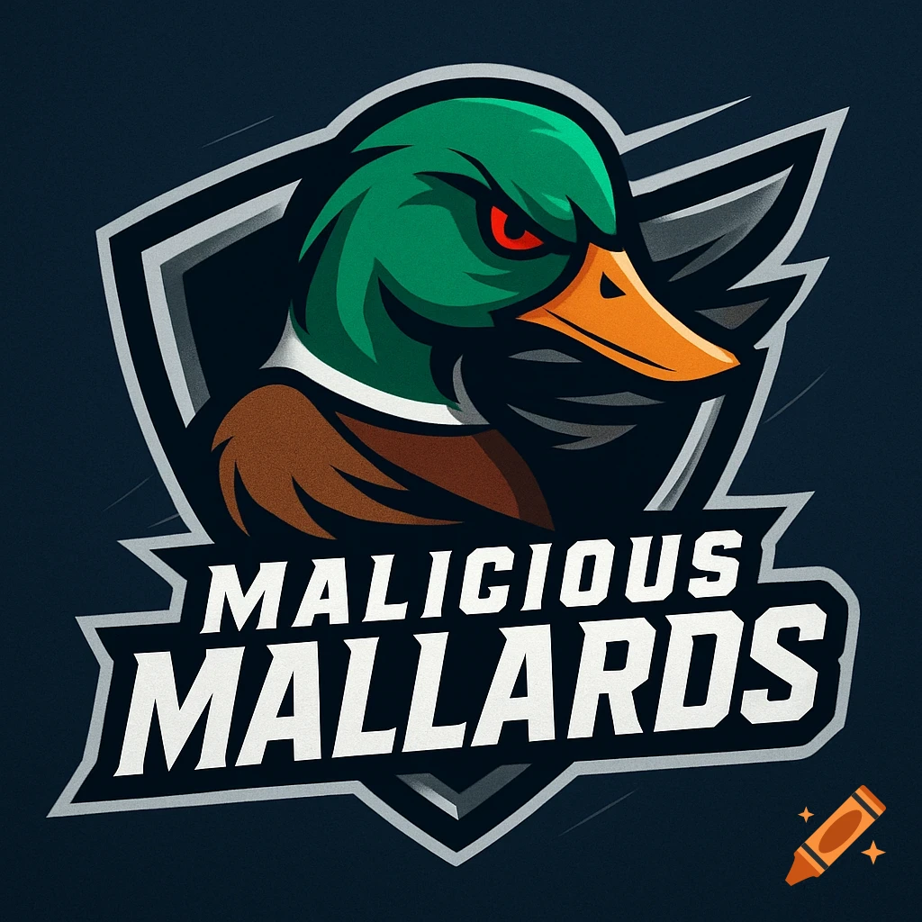 Esports logo featuring a green-headed mallard duck with red eyes, looking left, on a dark shield with the text Malicious Mallards.
