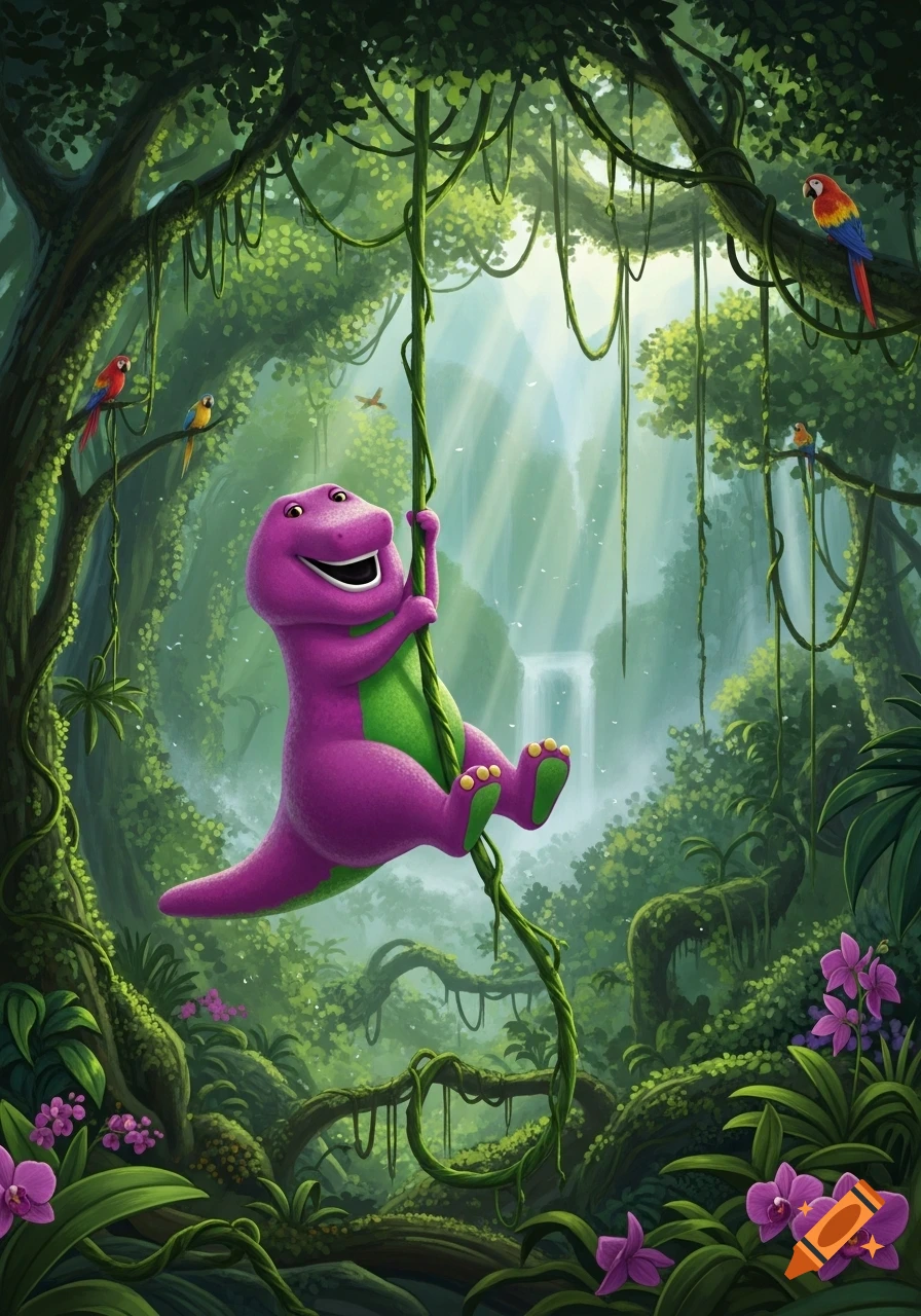 A happy purple dinosaur, Barney, swings on a thick green vine in a lush jungle with trees, orchids, parrots, and a waterfall.