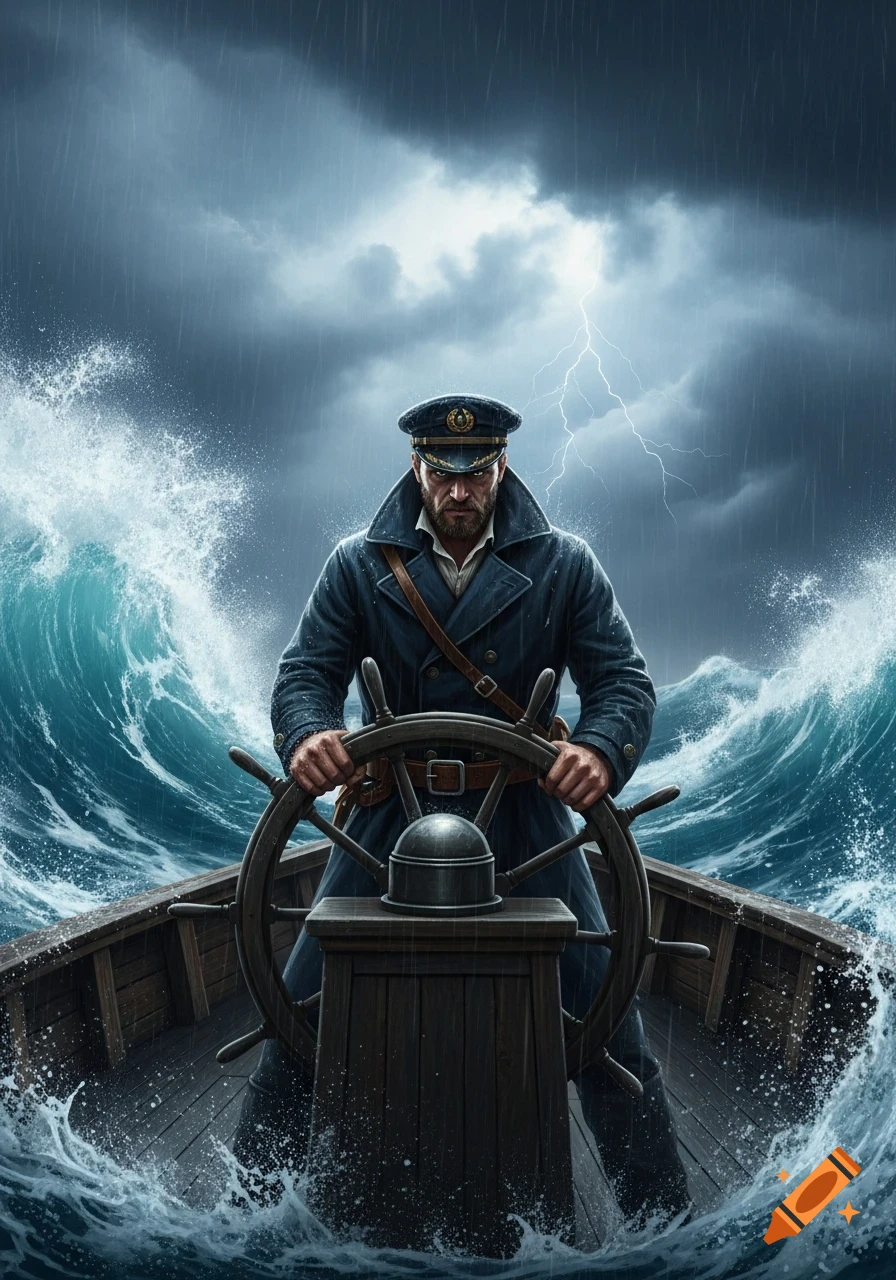 A determined bearded captain in a navy coat steers a wooden ship through a fierce stormy sea with crashing waves and lightning.