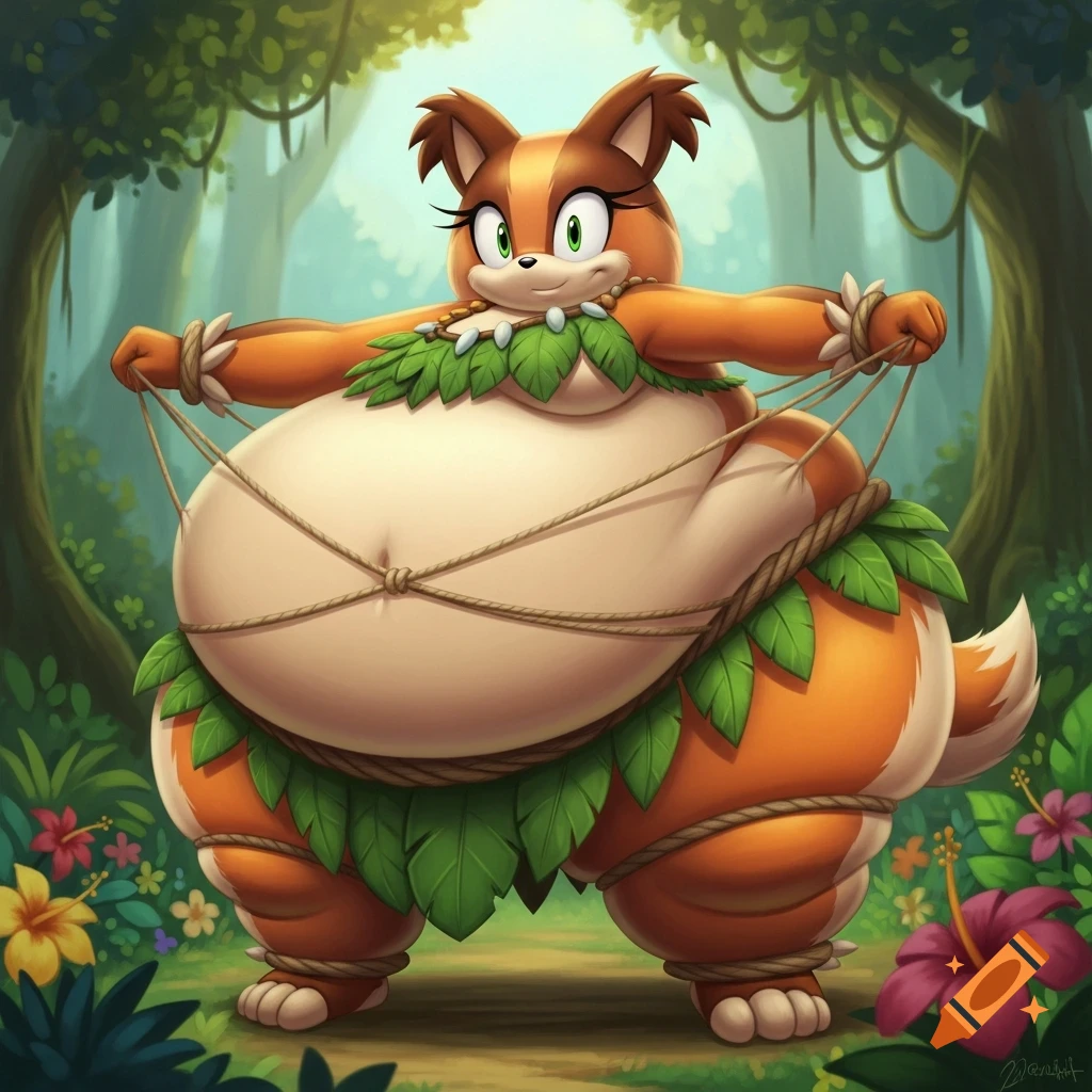 Obese cartoon badger, Sticks from Sonic Boom, in a leaf outfit, stands in a jungle.