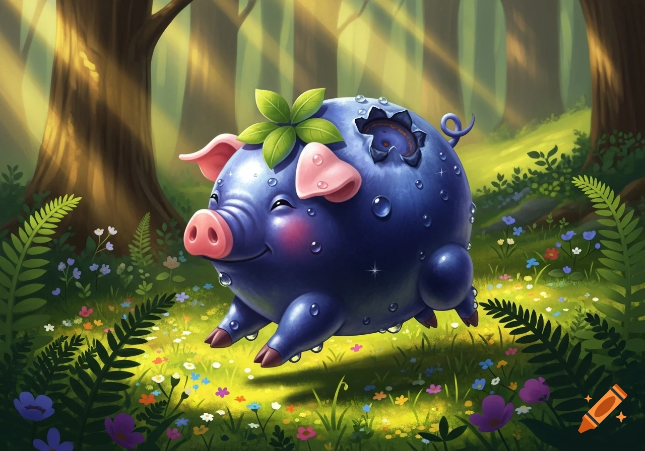 A cute, shiny blue pig with water droplets and leaves, stands in a vibrant, sunlit forest clearing with wildflowers.