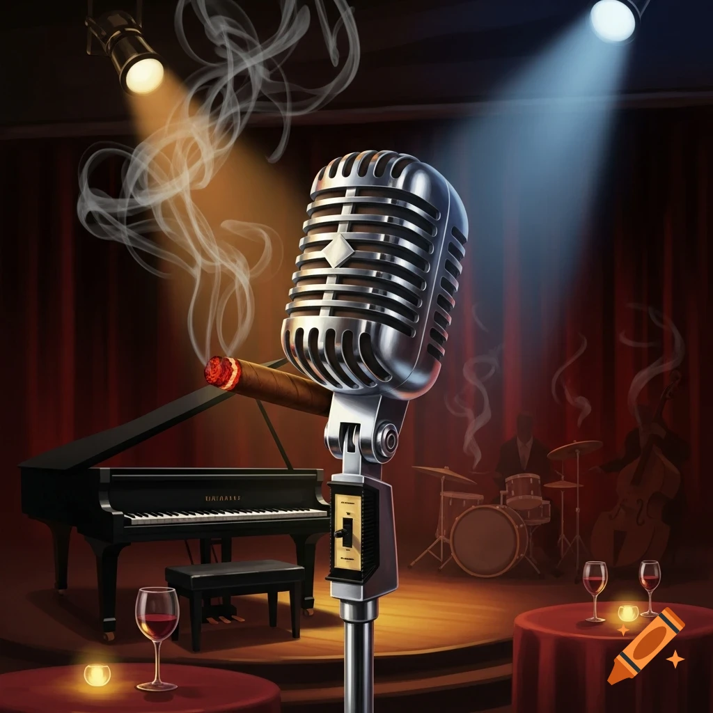 A vintage microphone on a dimly lit jazz club stage, with a grand piano, drums, and wine glasses. Spotlights illuminate the scene with smoke.
