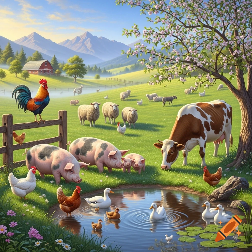 Vibrant illustration of farm animals including a rooster, pigs, sheep, cow, and ducks by a pond in a sunny mountain landscape.