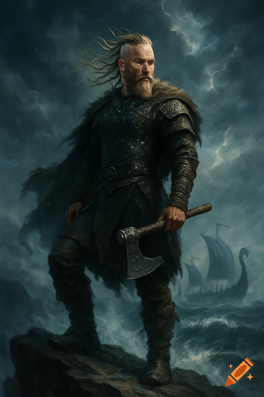 A formidable Viking warrior with a beard and fur cloak stands on a rocky outcrop, holding an axe, with longships in a stormy sea behind him.