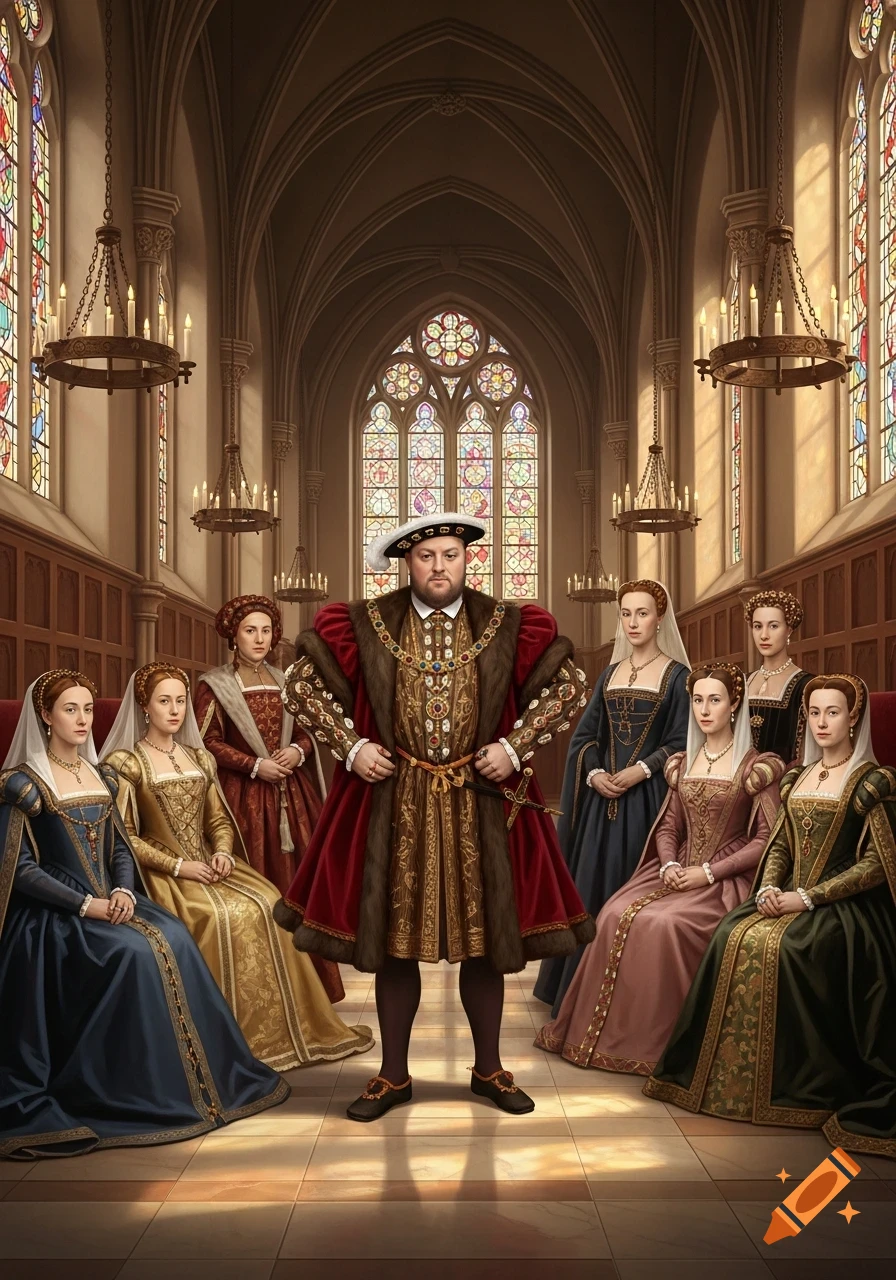 A full-body historical portrait of King Henry VIII, richly dressed, standing with his six wives in a grand hall with stained glass windows.
