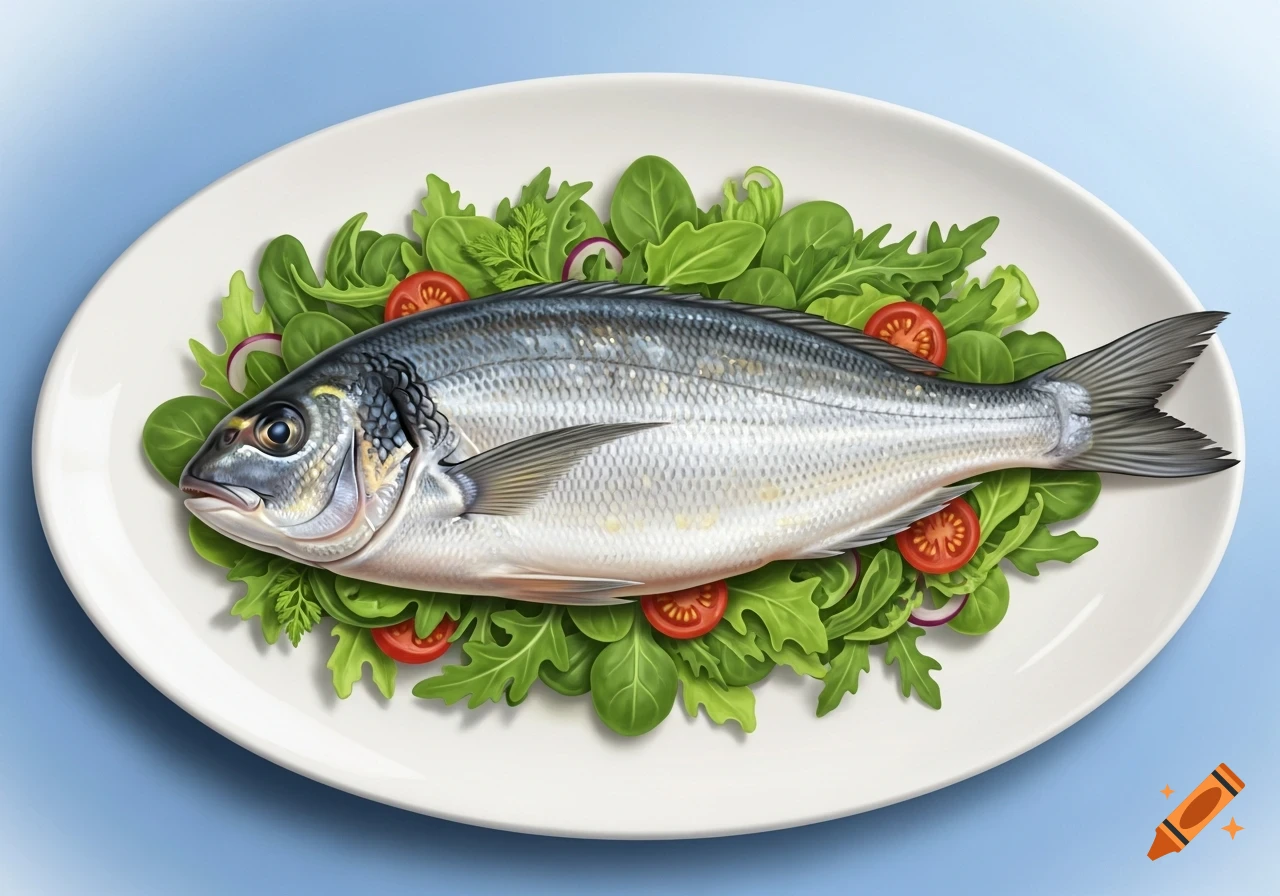A whole fresh fish on a white oval plate, surrounded by green salad leaves, sliced cherry tomatoes, and red onion, against a light blue background.