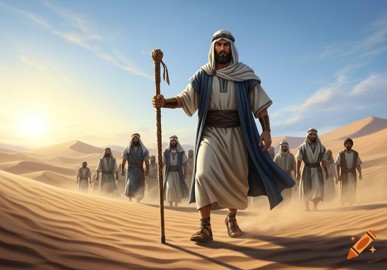 A bearded man in a white robe and blue mantle, holding a staff, leads a procession of men through a sandy desert at sunrise.