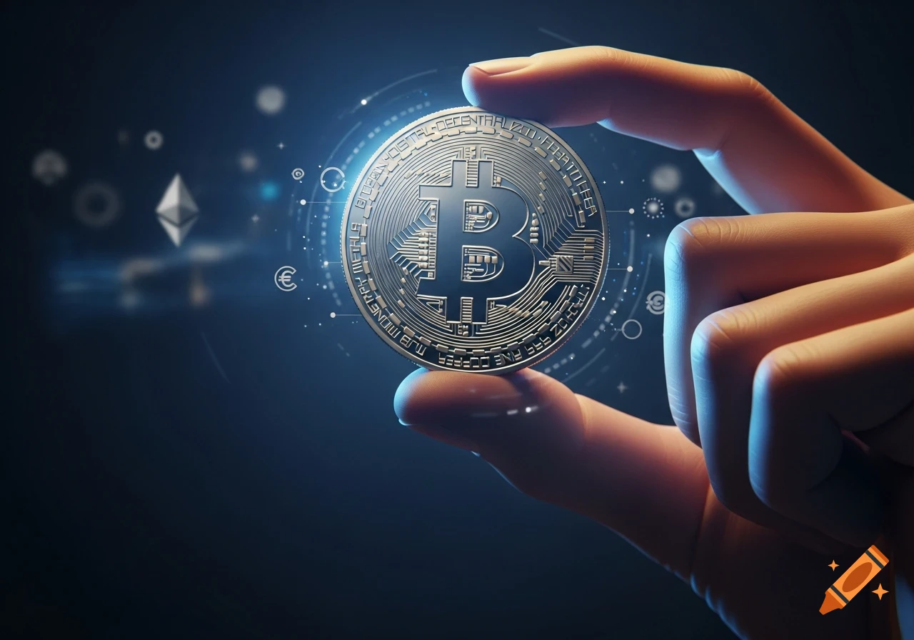 A close-up, photorealistic image of a hand holding a metallic Bitcoin coin, with digital glowing lines and other cryptocurrency symbols in a dark, tech-themed background.