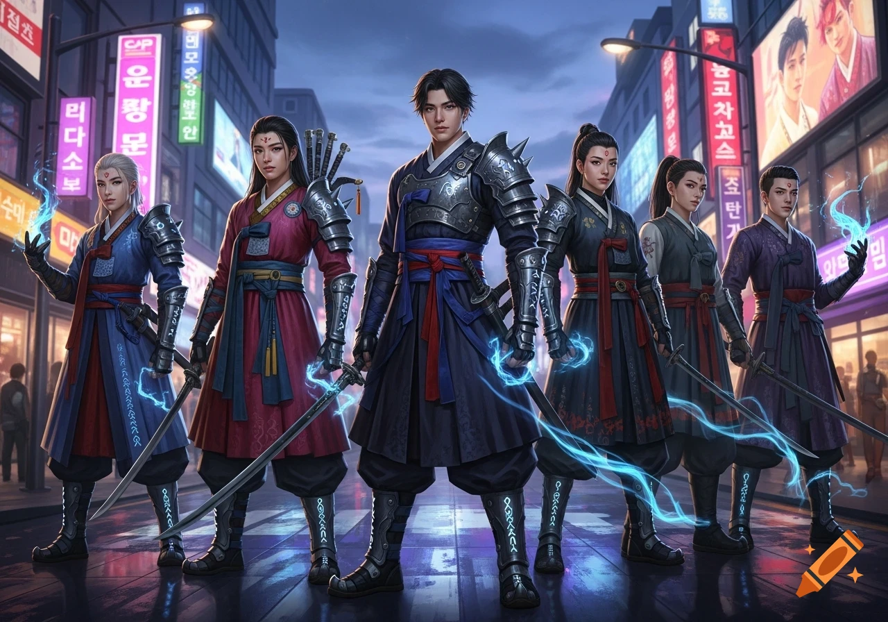 A group of K-pop inspired fantasy demon hunters in traditional Korean attire with glowing swords and magic stand in a futuristic city street at night.