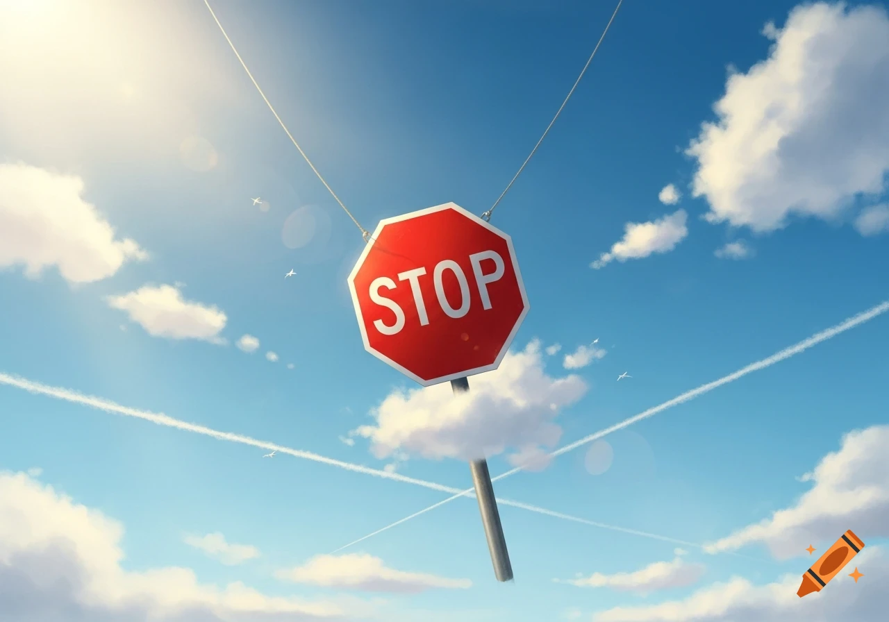 A red stop sign suspended by wires, hovering in a bright blue sky with white clouds, contrails, and sunlight.