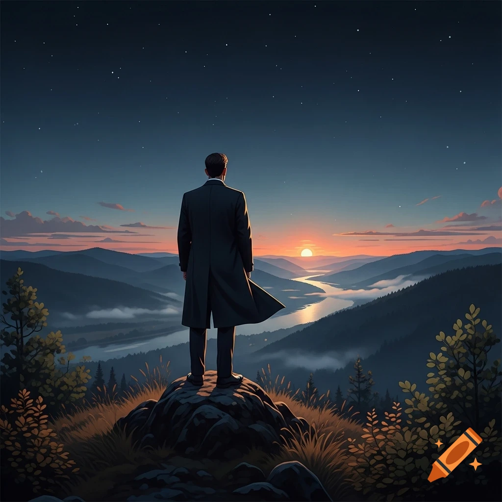 A man in a long coat stands on a rock overlooking a vast mountain valley with a winding river at sunset, under a starlit sky.