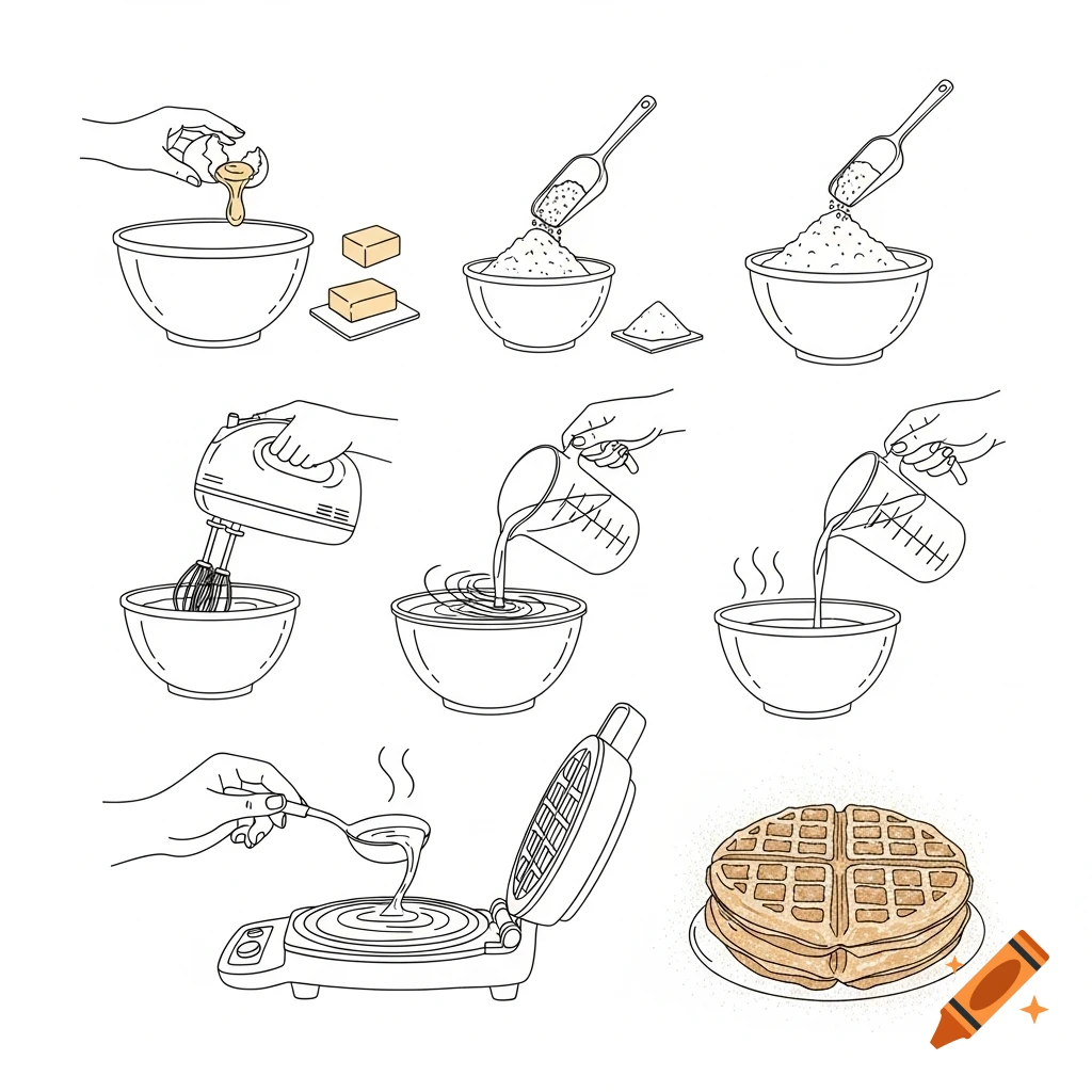 Line art illustration of waffle recipe steps: cracking egg, mixing ingredients, pouring batter, and finished waffles.