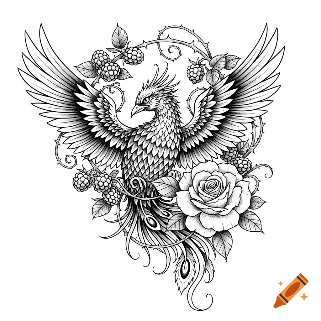 Black and white stylized tattoo design featuring a phoenix with outstretched wings, surrounded by raspberries, thorns, and a rose.