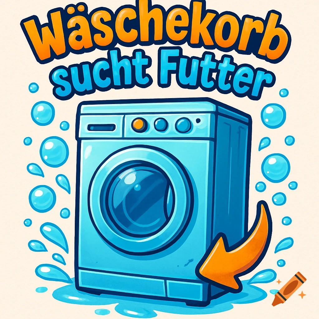Cartoon washing machine with bubbles and an orange arrow pointing down, with text 'Wäschekorb sucht Futter' above it.