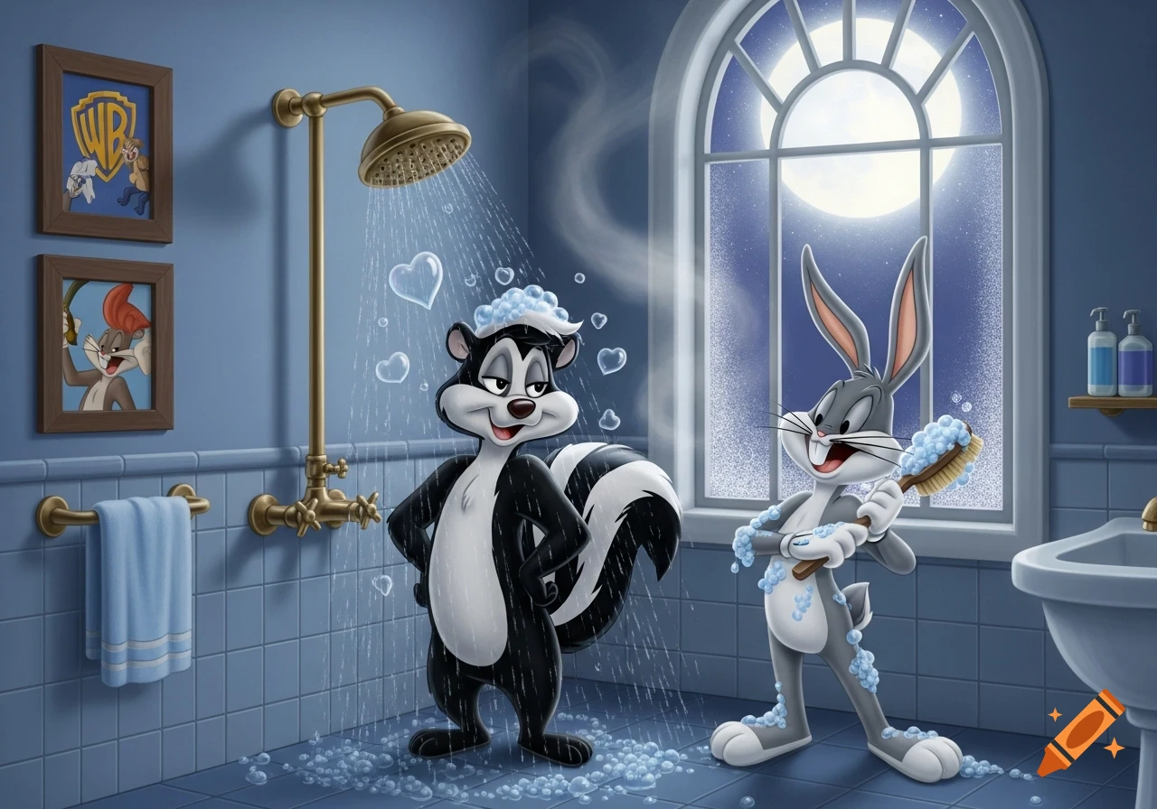 Pepe le Pew and Bugs Bunny take a bubble bath in a blue-tiled bathroom at night, with a full moon outside the window.