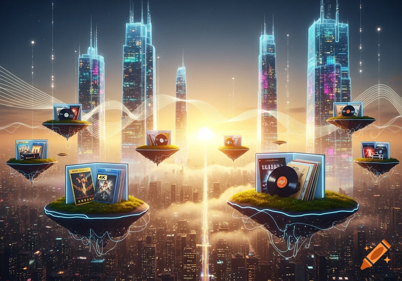 Futuristic city skyline at sunset with neon-lit skyscrapers and glowing floating islands holding vinyl records and Blu-ray cases connected by light trails.