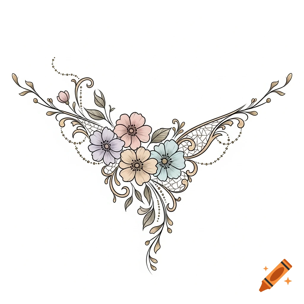 A delicate, colorful floral and ornamental design with pastel flowers and intricate lace-like patterns.