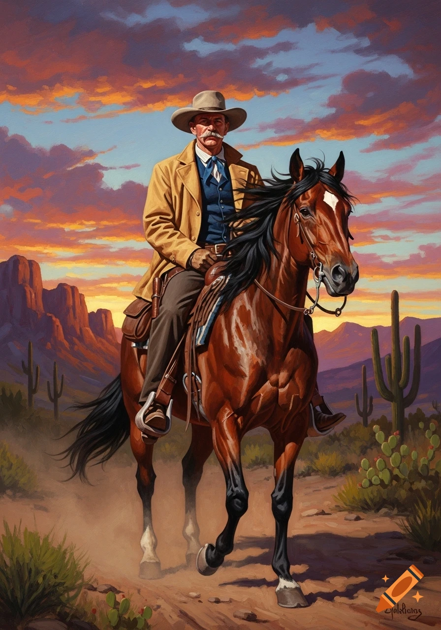 A mustached cowboy on horseback rides through a desert landscape with mountains and cacti under a vibrant sunset, in an oil painting.