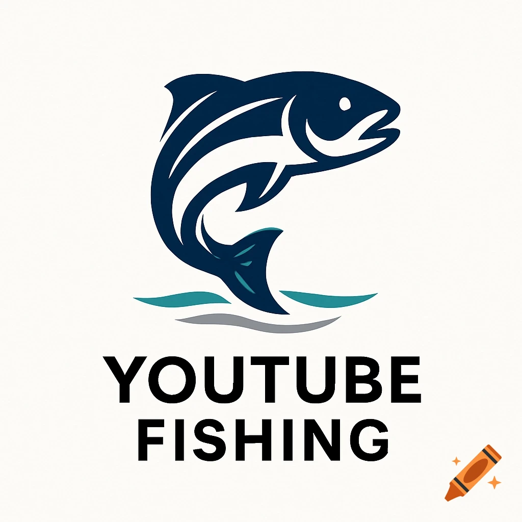 Stylized dark blue fish logo jumping from water with 'YOUTUBE FISHING' text below.