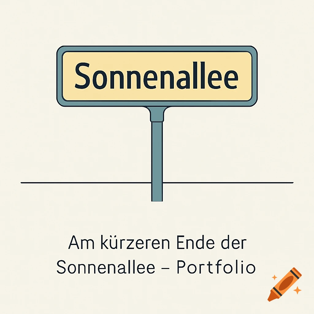 Minimalist illustration of a street sign reading 'Sonnenallee' with German text 'Am kürzeren Ende der Sonnenallee Portfolio' below.