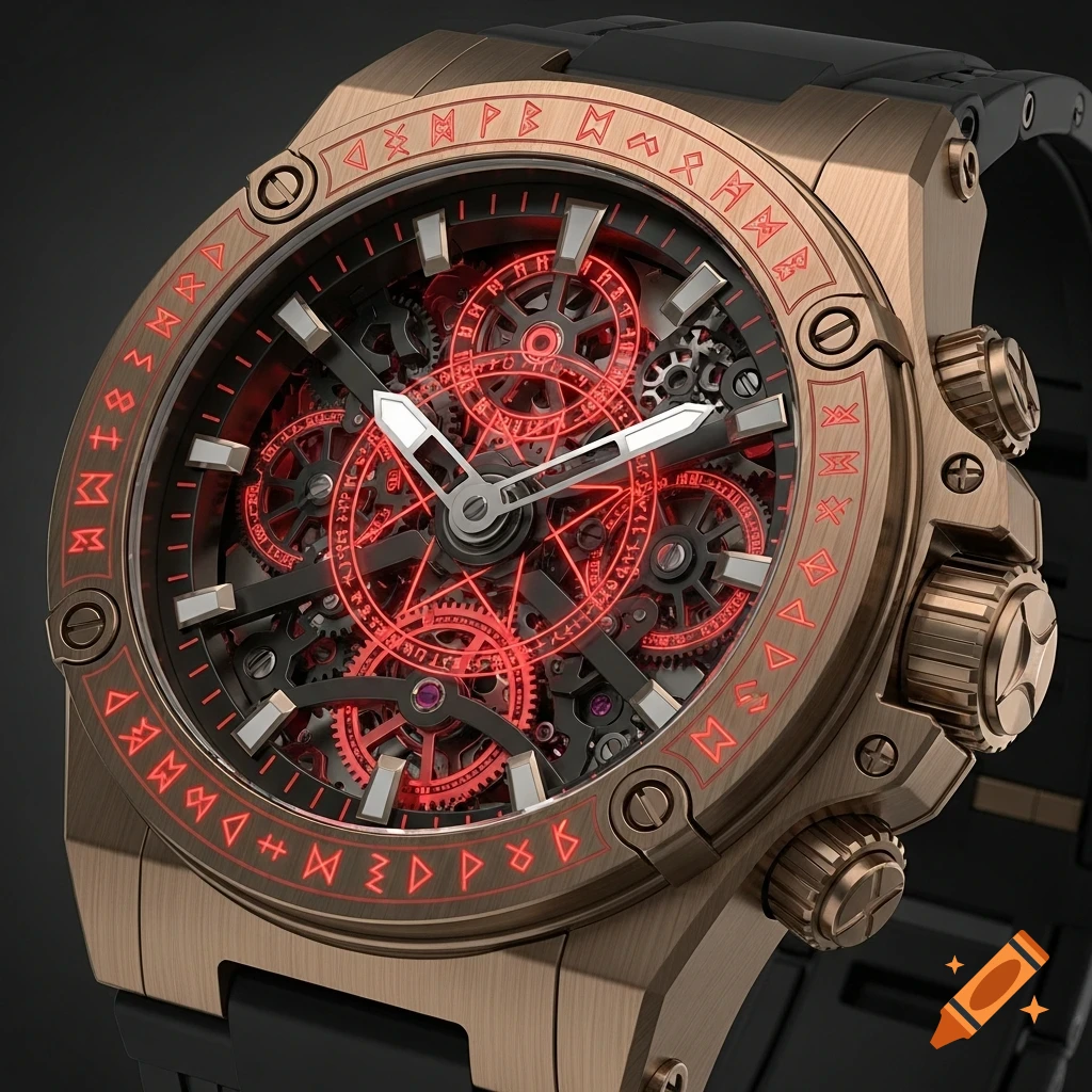 A close-up of a sleek bronze and black magitek wristwatch with a transparent face showing glowing red runes and intricate internal gears.