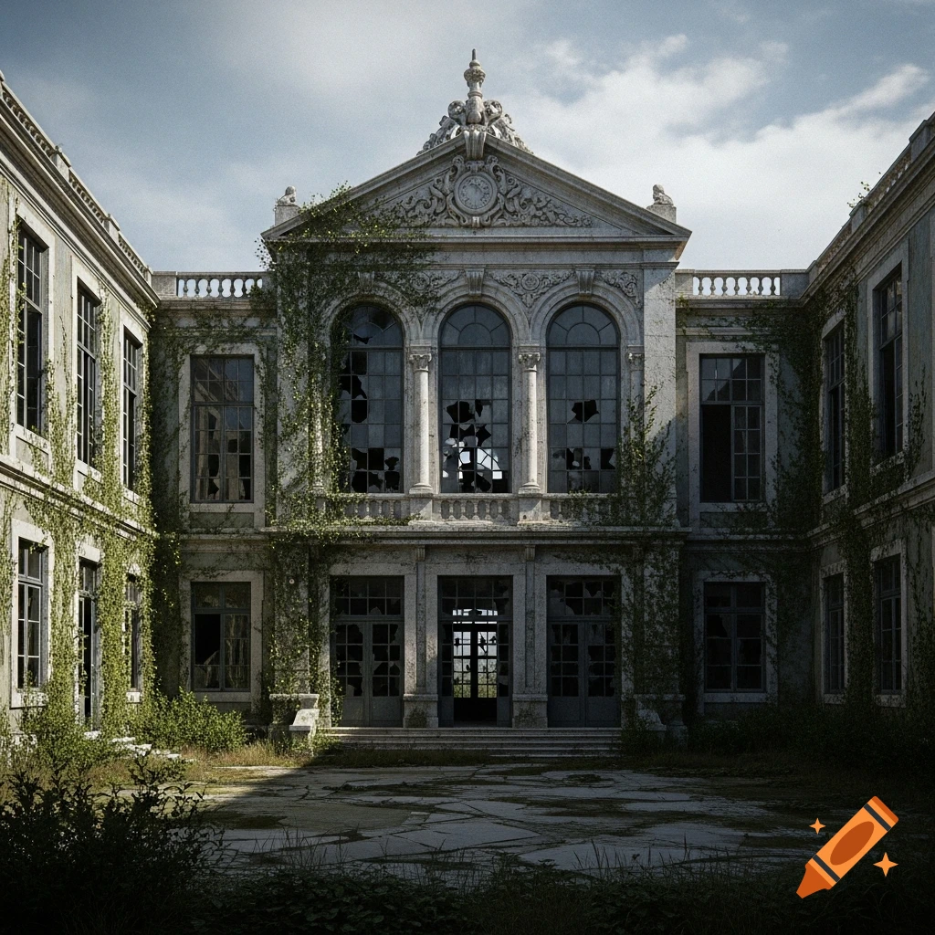 An overgrown, dilapidated stone building with a grand facade, broken windows, and climbing vines under a cloudy sky.