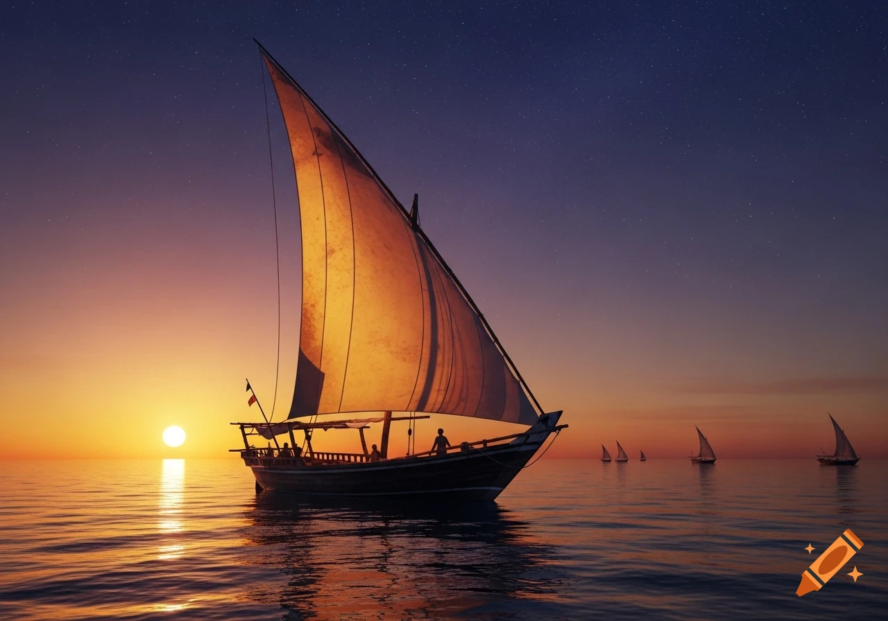 A traditional dhow sailboat silhouetted against a vibrant sunset over calm waters, with a starry sky emerging.