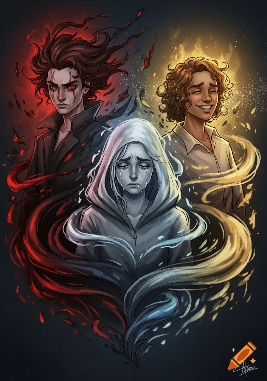 Stylized illustration of three people embodying emotions: mad with red aura, sad crying in grey, and glad smiling with a golden glow.