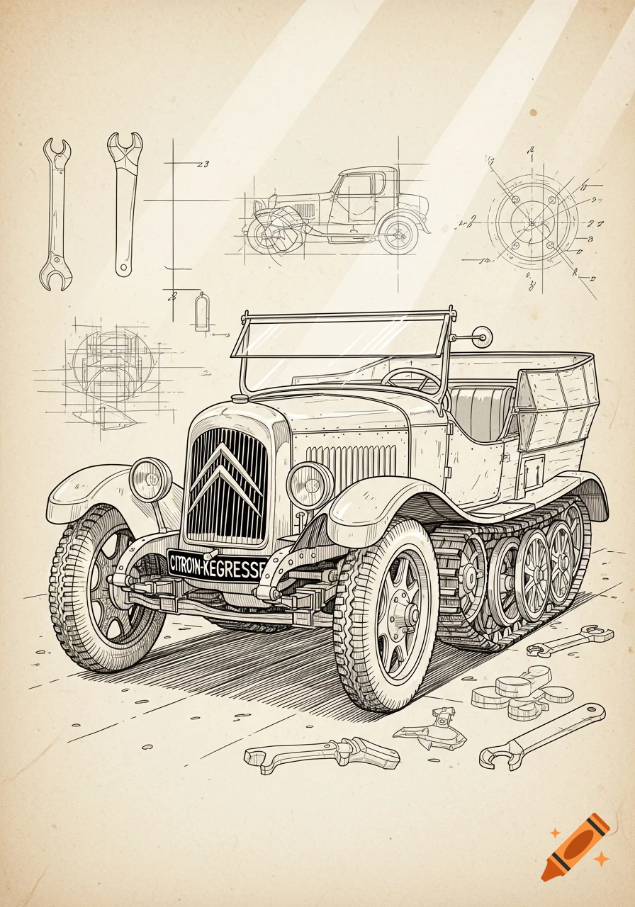Detailed vintage technical drawing of a Citroën-Kegresse half-track vehicle with tools and blueprint elements.