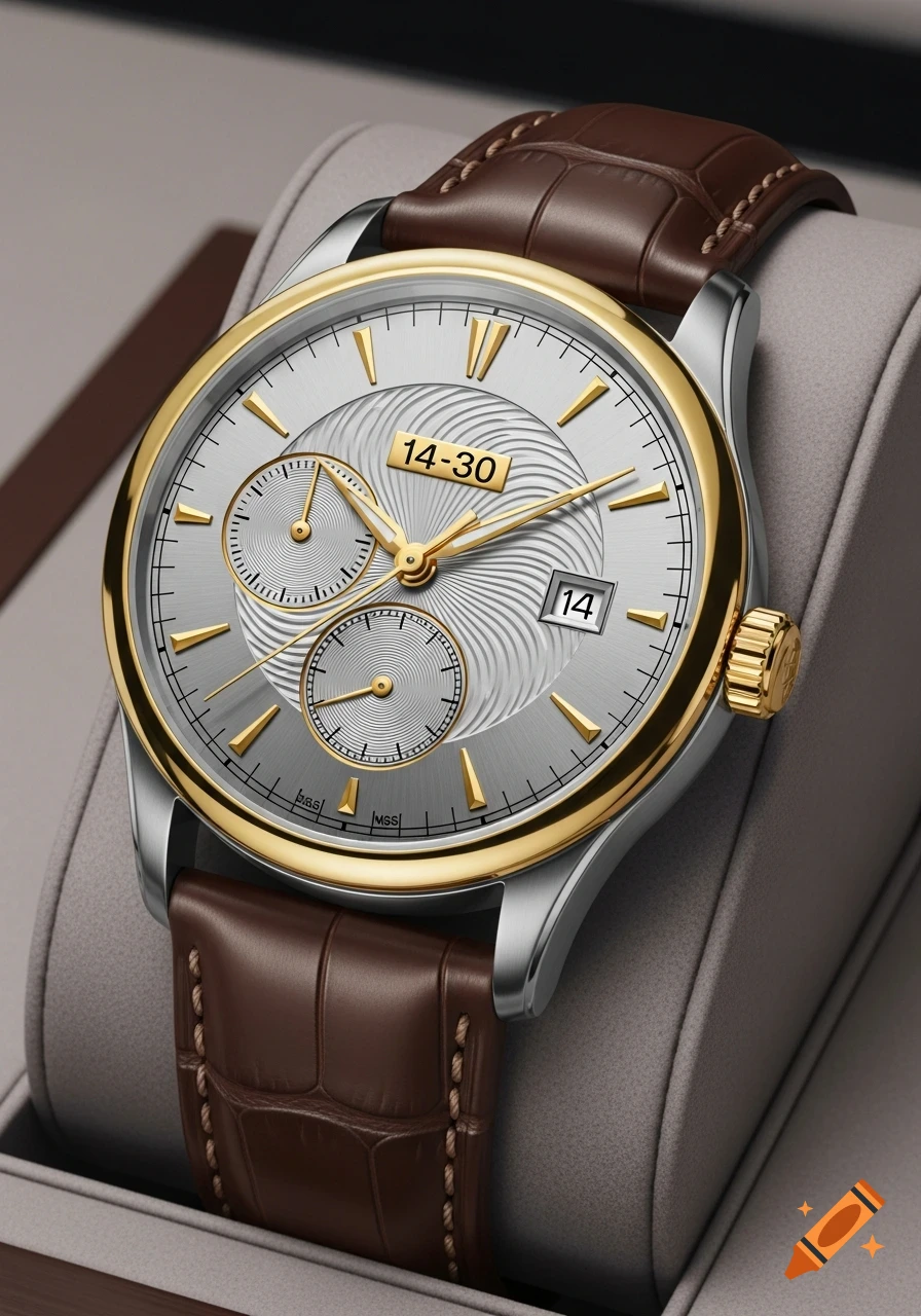 A close-up of a silver and gold wristwatch with a brown leather strap, displayed in a watch box. The watch face shows '14-30'.